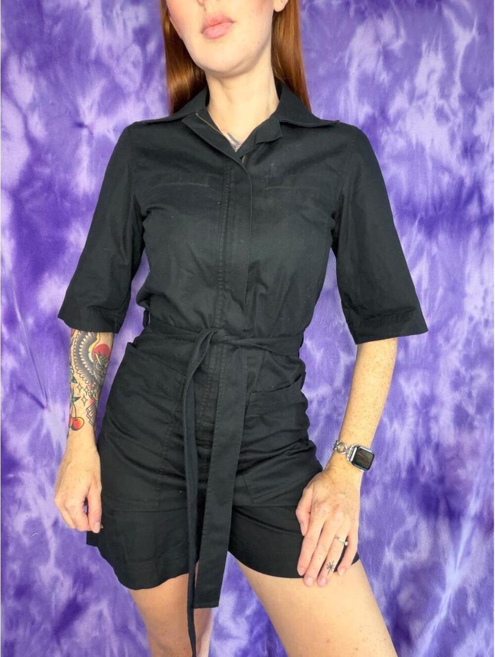 COS black romper casual zip up with tie waist
